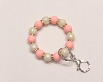 Pink Beaded Wristlet Keychain |  Gift Accessories  | Keychain Bracelet | Silver Keyring