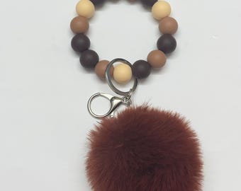 Brown wristlet with pom pom | Tassel keychain | gifts for her ideas
