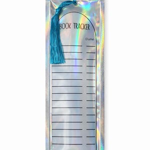 May include: A clear bookmark in a holographic package with the words "BOOK TRACKER" and "Date" printed on it. The bookmark has horizontal lines for tracking and a blue tassel attached to the top.