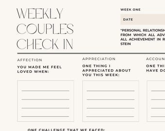 May include: A cream-colored couples check-in journal with the words "WEEKLY COUPLES CHECK IN" at the top. The journal includes prompts for affection, appreciation, and accountability, with space to write. The journal also includes a quote.