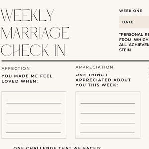 Puede incluir: Una hoja de registro matrimonial semanal de color crema con encabezados para afecto, aprecio y responsabilidad. El texto incluye indicaciones como "Me hiciste sentir amado cuando:" y "Una cosa que aprecié de ti esta semana:"