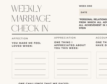 May include: A cream-colored weekly marriage check-in sheet with headings for affection, appreciation, and accountability. The text includes prompts like "You made me feel loved when:" and "One thing I appreciated about you this week:"