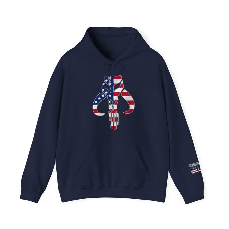 Bluza z kapturem Heavy Blend™ w stylu Gwiezdnych Wojen, flaga USA, Mandalorianin, unisex, czarno-granatowa zdjęcie 5