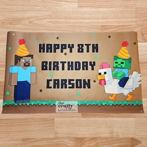 May include: A brown banner with the text "HAPPY 8TH BIRTHDAY CARSON" in black block letters. The banner features pixelated characters, including a person with a party hat and a zombie riding a chicken. Green and brown accents are present.