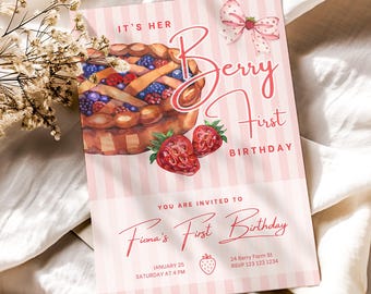 Uitnodiging voor 1e verjaardag aardbei | Berry eerste verjaardagsuitnodiging aardbei | Bes 1e uitnodiging | 1e verjaardag meisje | Aardbeienthema 1e