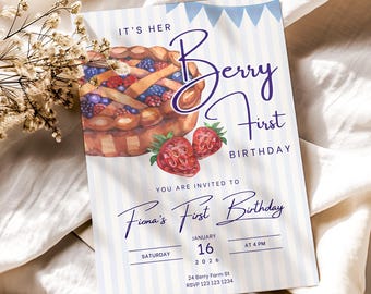 Berry eerste verjaardagsuitnodiging Strawberry verjaardagsuitnodiging, Berry eerste thema Strawberry Party (digitale downloadsjabloon, afdrukbare uitnodiging)