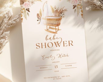 Aquarel klassieke bloemen genderneutrale babyshower uitnodiging | Bewerkbare minimalistische, rustieke en vintage babyshoweruitnodiging voor neutraal geslacht