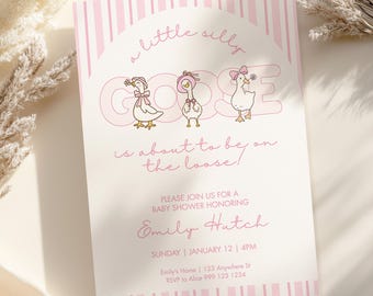 Silly Goose-babyshoweruitnodiging | Roze babyshoweruitnodiging | Uitnodiging babyshower meisje pastelkleur | Uitnodiging voor het babyshowerfeestje voor meisjes downloadbaar