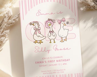 Eerste verjaardag van een gekke gans | Eerste verjaardagsuitnodiging One Silly Goose | One Silly Goose 1e verjaardag meisje | Eerste verjaardag roze meisje
