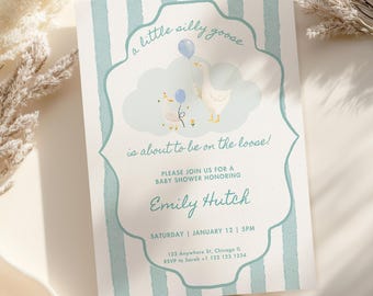 Silly Goose-babyshoweruitnodiging | Uitnodiging voor babyshower One Silly Goose | Groene vintage canvassjabloon babyshower aquarel gans thema
