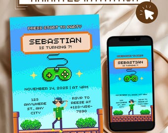 Geanimeerde retro kinderverjaardagsuitnodigingen | Uitnodiging voor verjaardagsfeestje Arcade | Verjaardagsuitnodiging videogamer | Verjaardag gamerjongen Level-Up Pixel