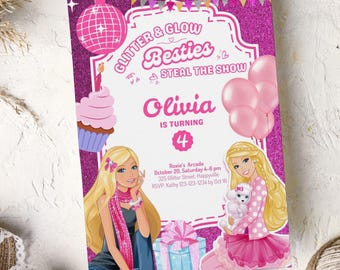Verjaardagsuitnodiging prinsessenpop: paars en roze glitterfeest (digitale download)