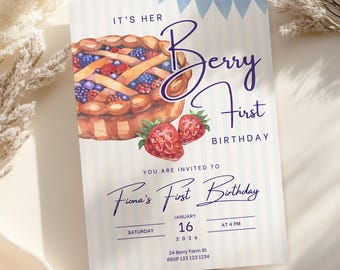 Berry eerste verjaardagsuitnodiging Strawberry verjaardagsuitnodiging, Berry eerste thema Strawberry Party (digitale downloadsjabloon, afdrukbare uitnodiging)