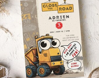 Verjaardagsuitnodiging dumptruck | Verjaardagsuitnodigingen voor de bouw | Verjaardagsuitnodiging dumptruck | Uitnodiging bouwthemafeest verjaardag