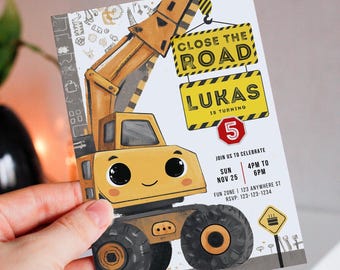 Verjaardagsuitnodiging bouw | Verjaardagsuitnodigingen voor de bouw | Verjaardagsuitnodiging bouwthema voor kinderen | Speelgoeduitnodiging vrachtwagen voor jongens