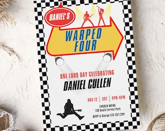 Vervormde verjaardagsuitnodiging vier | Verjaardagsuitnodiging voor poppunk | 4e retromuziektour | Toekomstige emo-feestuitnodiging geruit rockthema