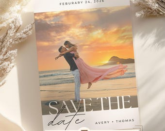 Minimalistische huwelijksuitnodiging met QR-code | Bewerkbare huwelijksuitnodiging minimalistische QR-code | Sjabloon fotohuwelijksuitnodiging canvas