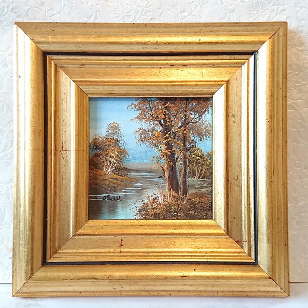 Tableau miniature paysage automne rivière huile sur isorel signé cadre bois doré