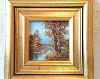 Tableau miniature paysage automne rivière huile sur isorel signé cadre bois doré