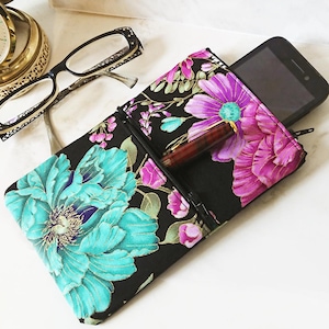 Etui-telefoon, lunettes, tissu-katoen bloemen mauve turkoois, dubbele ritssluiting