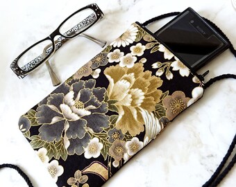 Etui molletonné  18,5 x 12,8 cm téléphone mobile, lunettes... tissu japonais coton floral ocre / gris deux ouvertures zippées et cordon noir