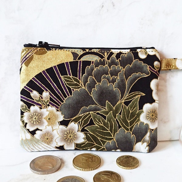 Porte-monnaie / carte création arisanale tissu coton japonais floral doré noir