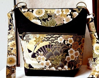 Sac à main artisanal Ocre Noir coton japonais oiseau grue et fleurs, 3 compartiments & sangle ajustable