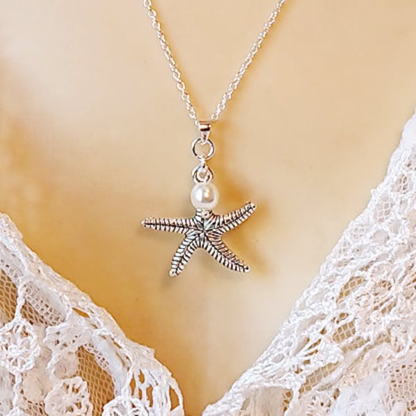 Collier pendentif Etoile de mer et perle blanc crème verre nacré Renaissance / Solide plaqué argent - Sea star ans white pearl pendant