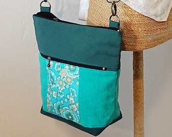 Sac à main / épaule, tissu coton floral turquoise triple ouverture sangle ajustable 25 x 22,5 x 8,5cm V2