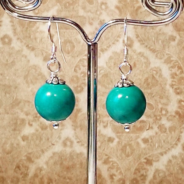 Boucles d'oreilles Pierre de turquoise naturelle boules 12mm pendantes, hameçons crochets Argent 925
