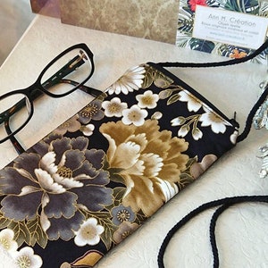 Etui molletonné téléphone mobile, lunettes, maquillage tissu floral japonais oker gris, avec cordon