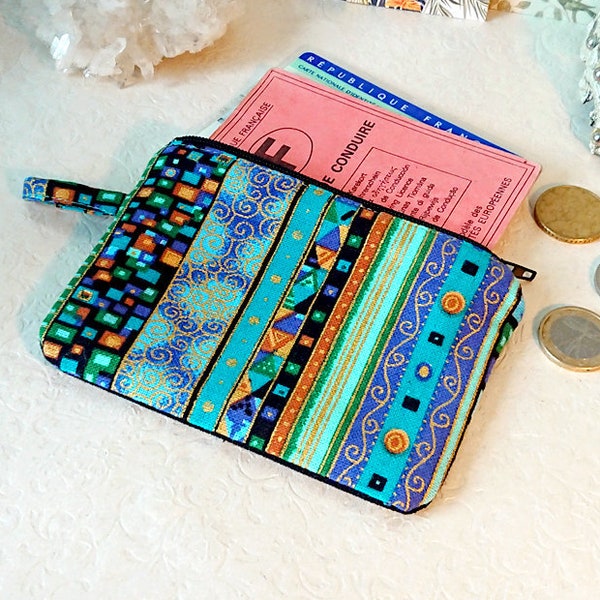 Pochette ou Porte-monnaie tissu coton imprimé africain bleu jaune 12,5 x 9 cm, fermeture à glissière / monedero de algodón azul amarillo