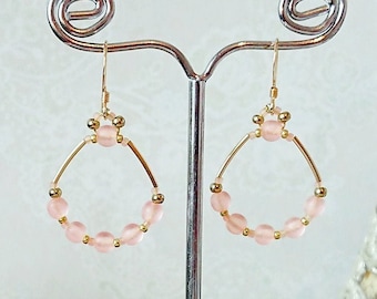 Boucles anneaux verre dépoli rose 4mm, Plaqué or 14 kt Gold filled - Pink frosted glass  gold filled rings earrings