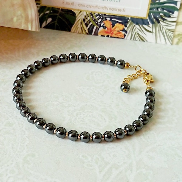 Bracelet pierre hématite gris anthracite femme ajustable perles rondes 4mm, fermoir mousqueton acier doré
