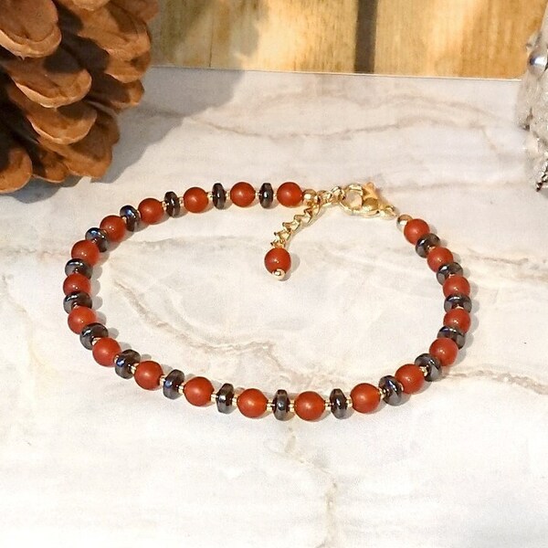 Bracelet pierre de cornaline rouge orangé mat et hématite gris anthracite 4mm, mousqueton acier doré