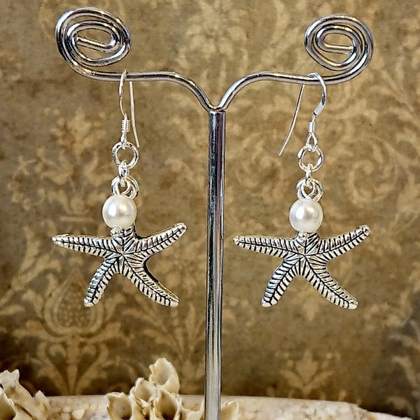 Pendientes Silver Star mar, perla blanca perla perla renacentista perla / Plata 925 - Pendientes plata estrella de mar plata plata