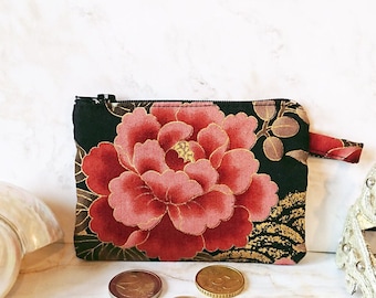 Porte-monnaie tissu imprimé japonais original coton floral rose / noir 11,5 x 8,5 cm, doublé tissu coton floral gris