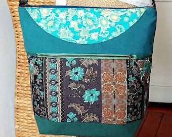 Grand sac à main création Tissu coton Patchwork turquoise marron floral 3 compartiments et sangle ajustable