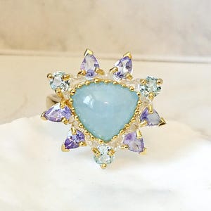 Bague pierre Aigue-marine, Tanzanite, Topaze bleue sur argent 925, Création artisanale taille 54