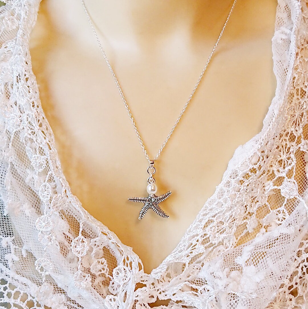 Colier Riselant Collier Pendentif Etoile De Mer Et Perle Blanc Crème Verre Nacré ...
