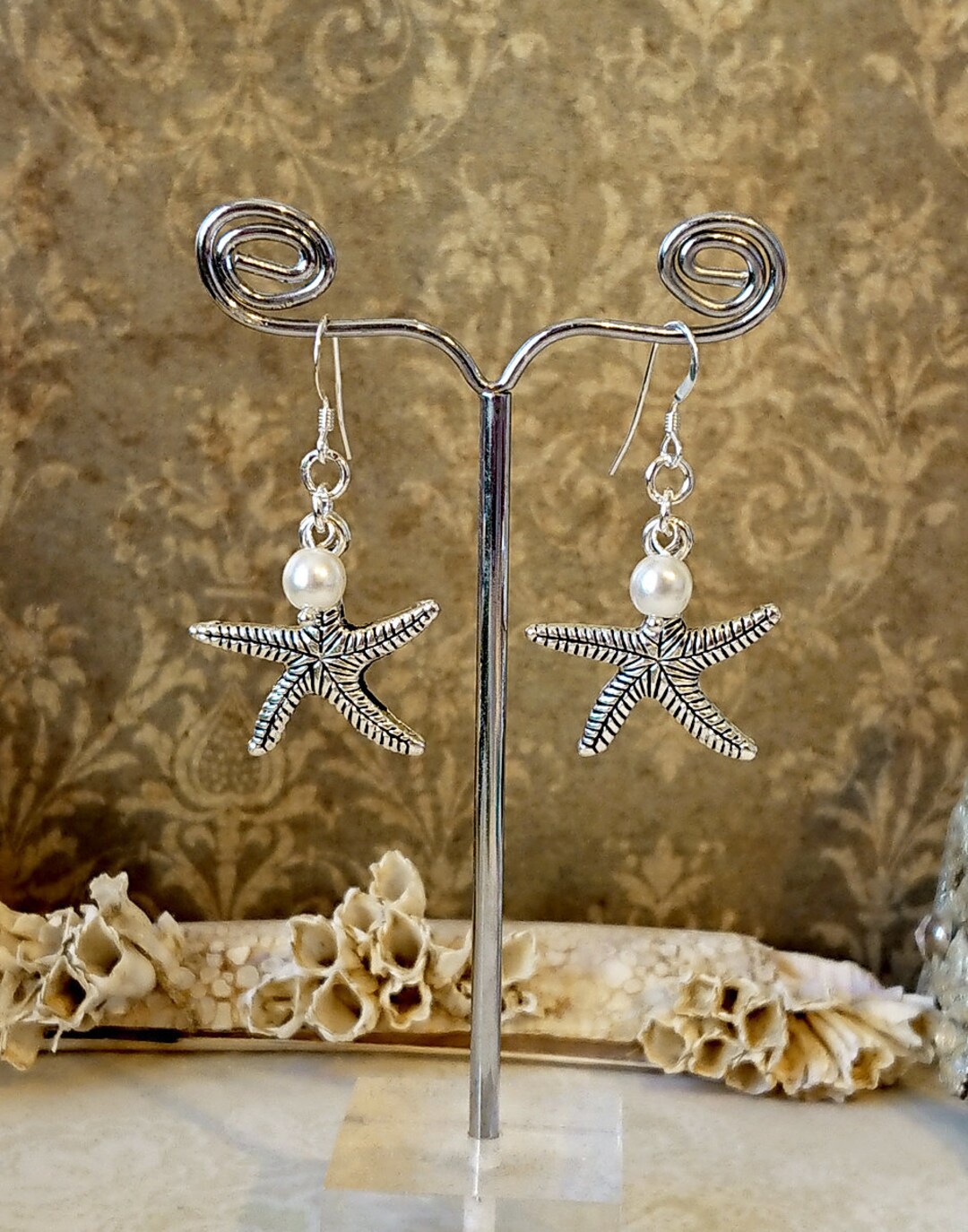 Boucles D'oreilles Argent Thème Mer - Perles Cabochon Vagues 25mm, Neuf Sans Emballage