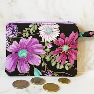 Porte-monnaie / carte, tissu de coton fleurs mauve double ouverture zippée