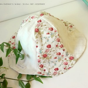 Chapeau de soleil réversible enfant 3 / 4 ans - 52 cm -  tissu coton fleurs roses / blanc crème / beige Réf. CE52190815
