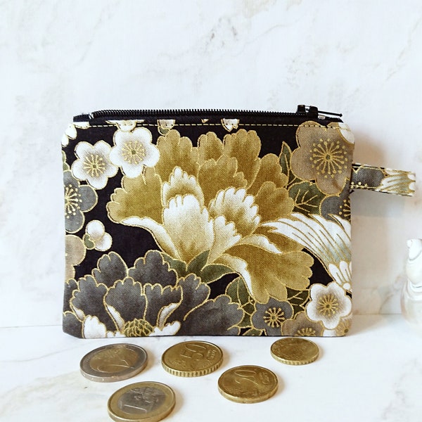 Porte-monnaie création artisanal tissu coton imprimé japonais fleurs tons ocre / noir