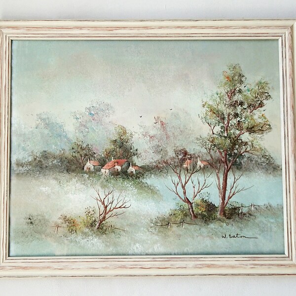 Tableau illustration paysage huile sur toile original signé E. Eaton 40 x 50 cm cadre bois
