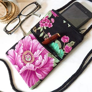 Etui-telefoon, lunettes, tissu-katoen bloemenroze turkoois, dubbel ouverture en cordon