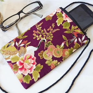 Etui ambachtelijke telefoon, lunettes, tissu coton japonais bloemenpruim, sinaasappel, vert avec cordon