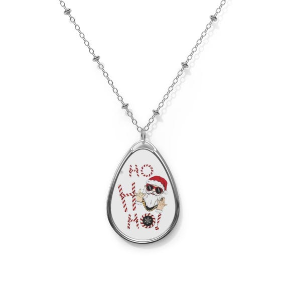 Santa Ho Ho Ho Oval Necklace | Merry Christmas teardrop pendant
