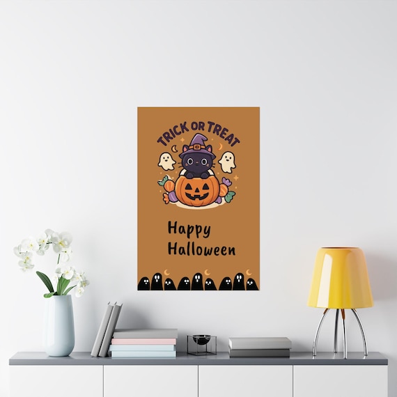 Halloween Cat Art Print: Trick or Treat Pumpkin, Spooky Kids Decor