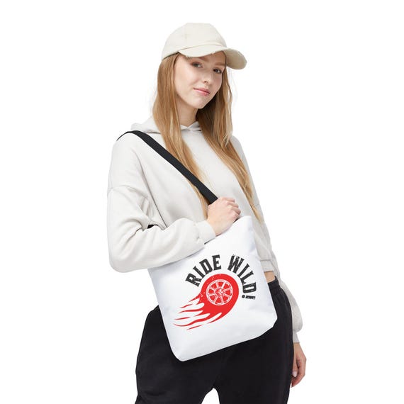 Ride Wild Wheel graphic Tote Bag | Flaming Tire design